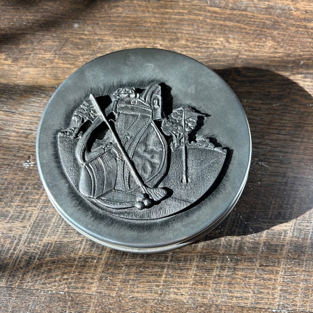 Vintage Matzeke Golf Theme Pewter Lid Decorative Silver Tone Metal Tin Can 5in